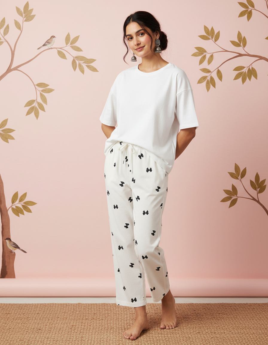 Woman wearing a white t-shirt and white pants with black patterns against a pink wall with leaf designs.