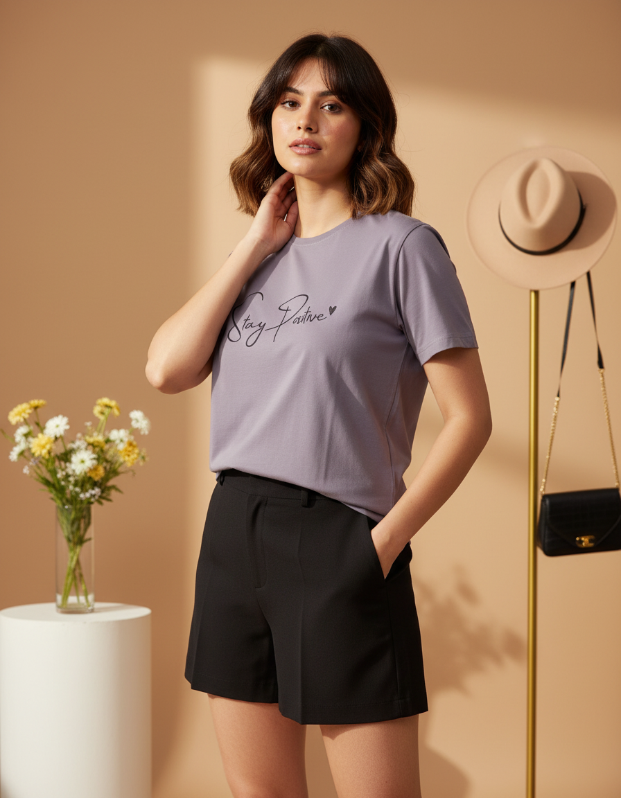 Woman wearing a light purple t-shirt with text and black shorts, standing against a beige wall with decorative items.